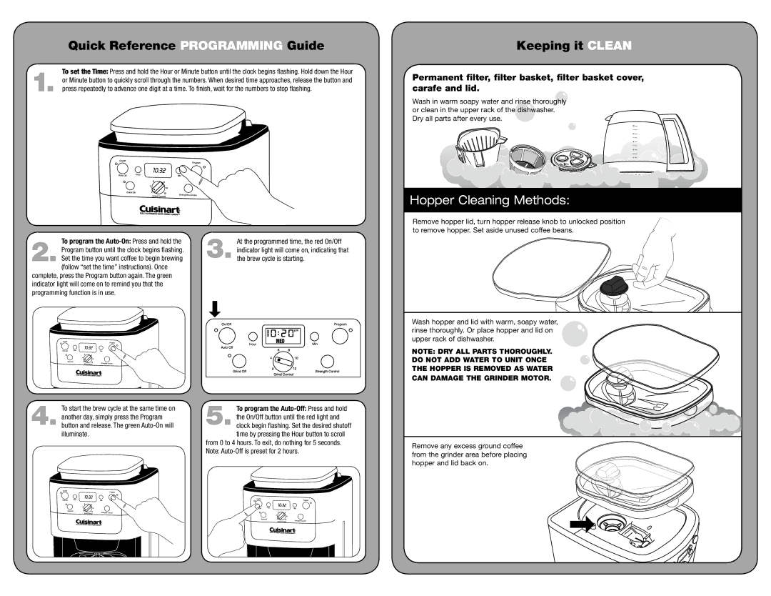 Cuisinart PG-25261A setup guide Quick Reference Programming Guide, Hopper Cleaning Methods, Can damage the grinder motor 