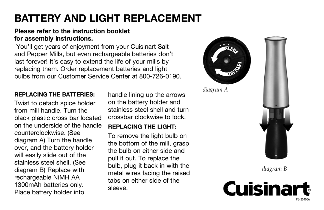 Cuisinart PG-25400A manual Battery and Light Replacement 