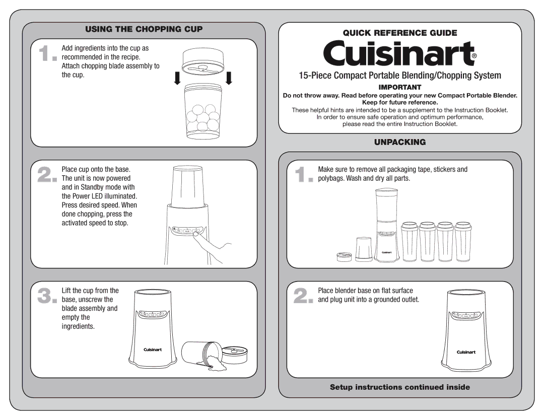 Cuisinart PG-26587 manual Piece Compact Portable Blending/Chopping System, Using the Chopping CUP, Quick Reference Guide 