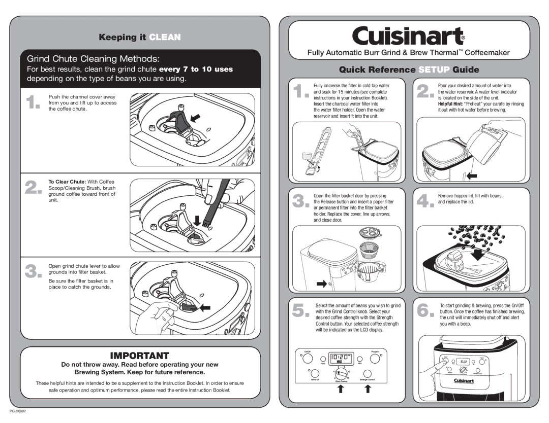 Cuisinart PG-26692 setup guide Keeping it Clean, Grind Chute Cleaning Methods, Quick Reference Setup Guide 