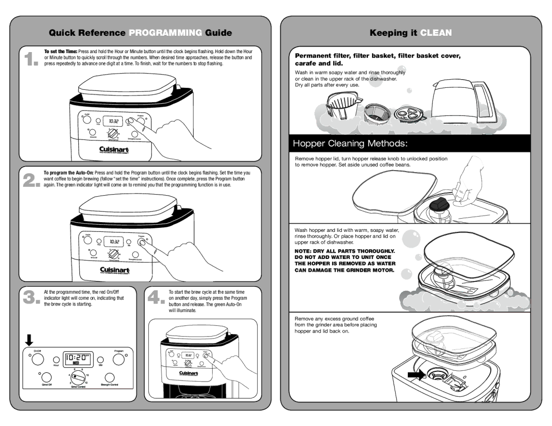 Cuisinart PG-26692 setup guide Quick Reference Programming Guide, Hopper Cleaning Methods, Can damage the grinder motor 