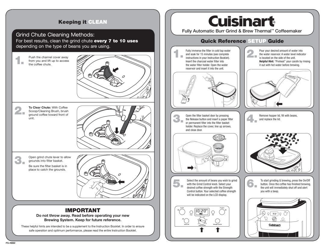Cuisinart PG-26692 setup guide Keeping it Clean, Grind Chute Cleaning Methods, Quick Reference SETUP Guide 