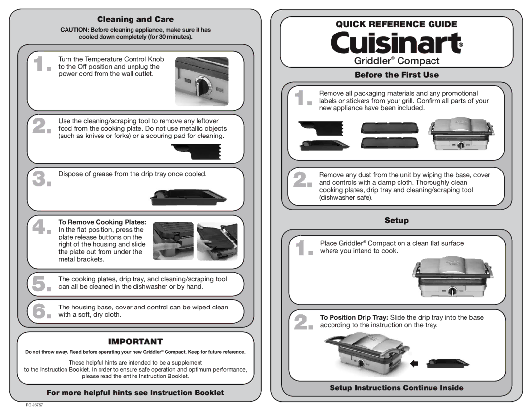 Cuisinart PG-26757 manual Griddler Compact, Cleaning and Care, Before the First Use, Setup 