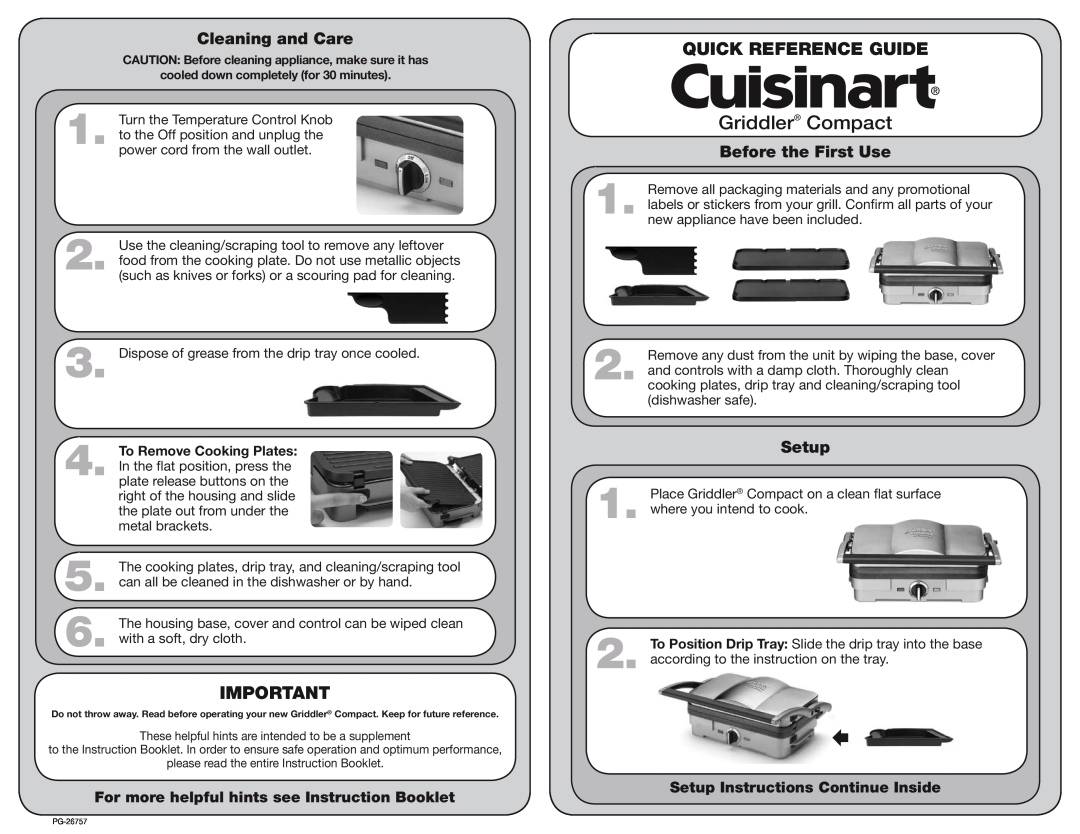 Cuisinart PG-26757 manual Cleaning and Care, Before the First Use, Setup, Griddler Compact, Quick Reference Guide 