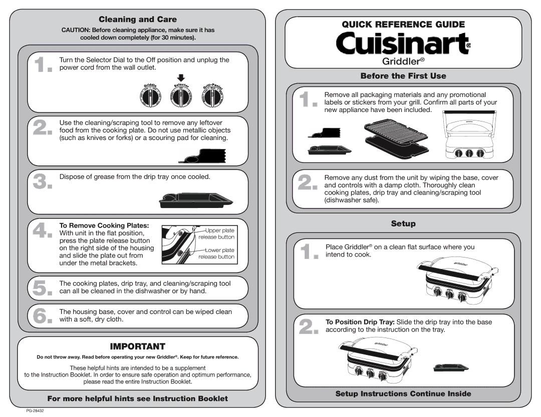 Cuisinart PG-28432 manual Griddler, Cleaning and Care, Before the First Use, Setup 