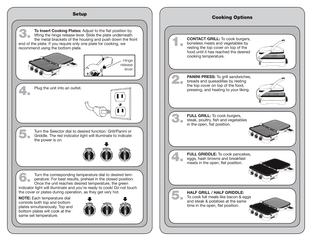 Cuisinart PG-28432 manual Cooking Options, Half Grill / Half Griddle 