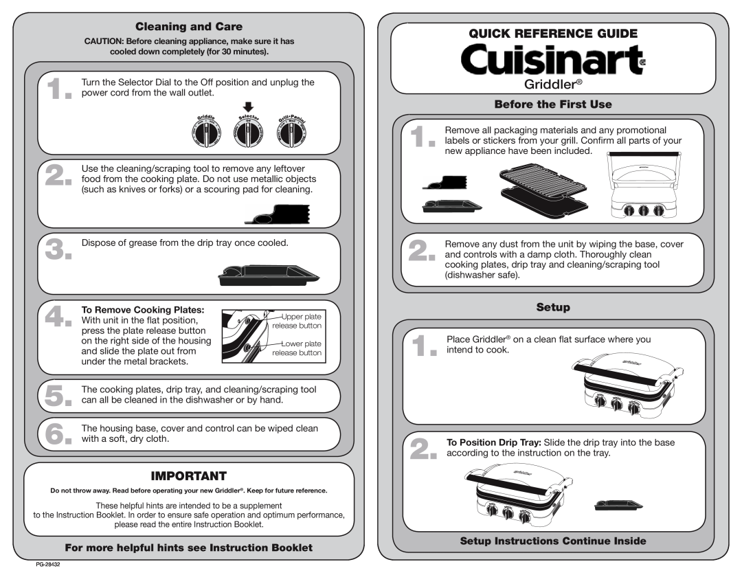 Cuisinart PG-28432 manual Cleaning and Care, Before the First Use, Setup, Griddler, Quick Reference Guide 
