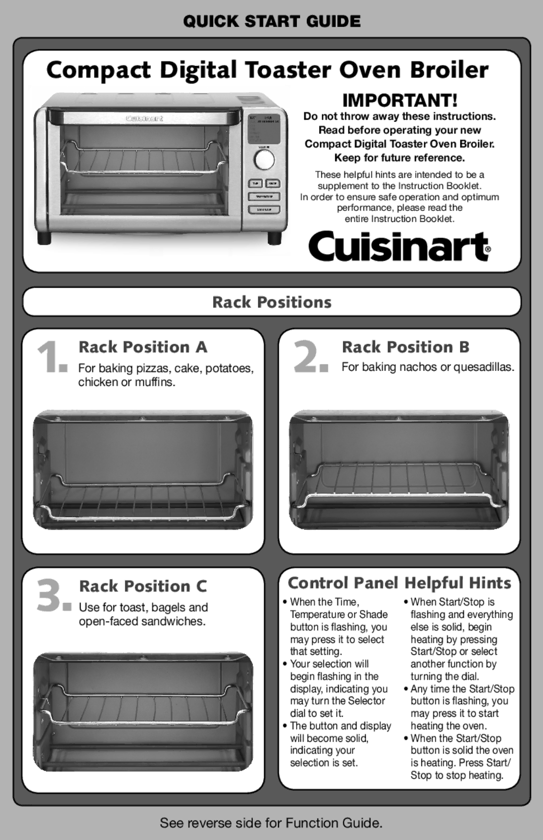 Cuisinart PG-29942 quick start Compact Digital Toaster Oven Broiler, Rack Positions Rack Position a Rack Position B 