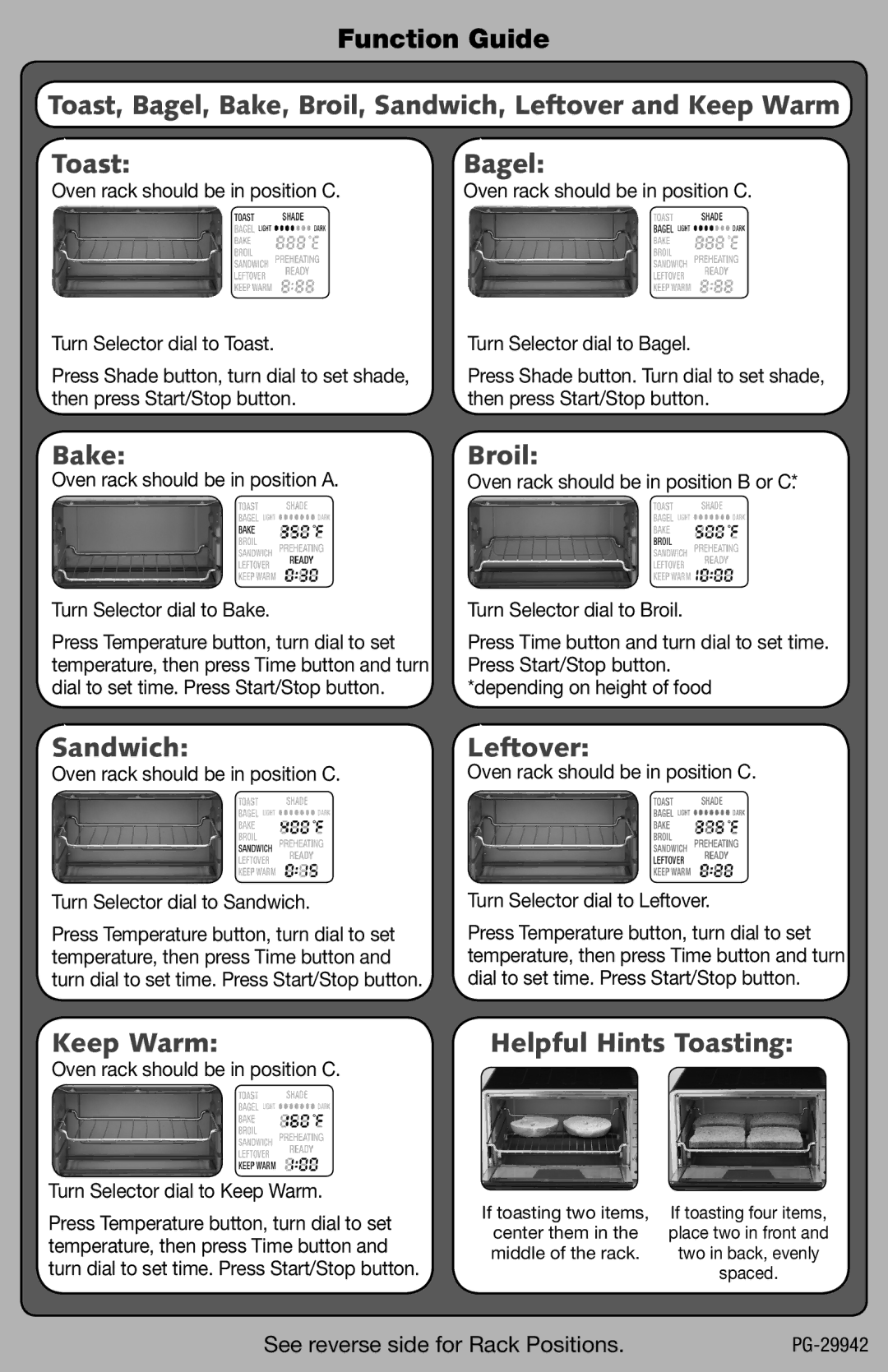 Cuisinart PG-29942 quick start Toast, Bagel, Bake, Broil, Sandwich, Leftover and Keep Warm, Helpful Hints Toasting 