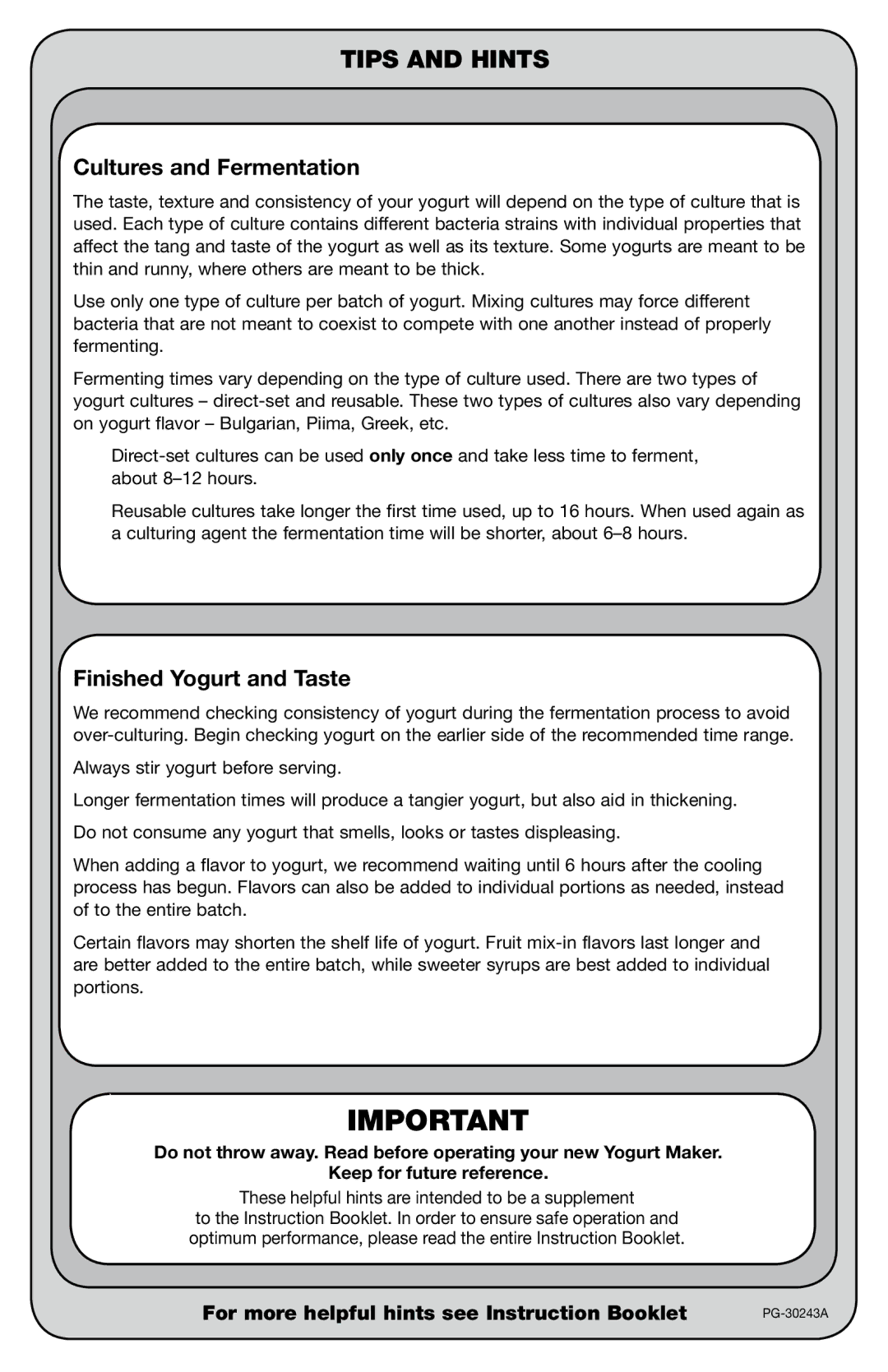 Cuisinart PG-30243A, Electronic Yogurt Maker with Automatic Cooling manual Tips and Hints 
