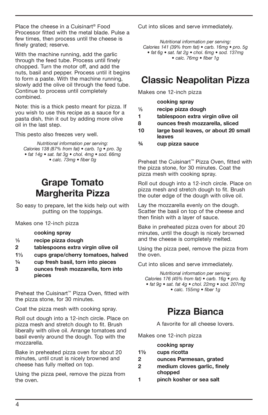 Cuisinart PIZ-100 manual Grape Tomato Margherita Pizza, Classic Neapolitan Pizza, Pizza Bianca 