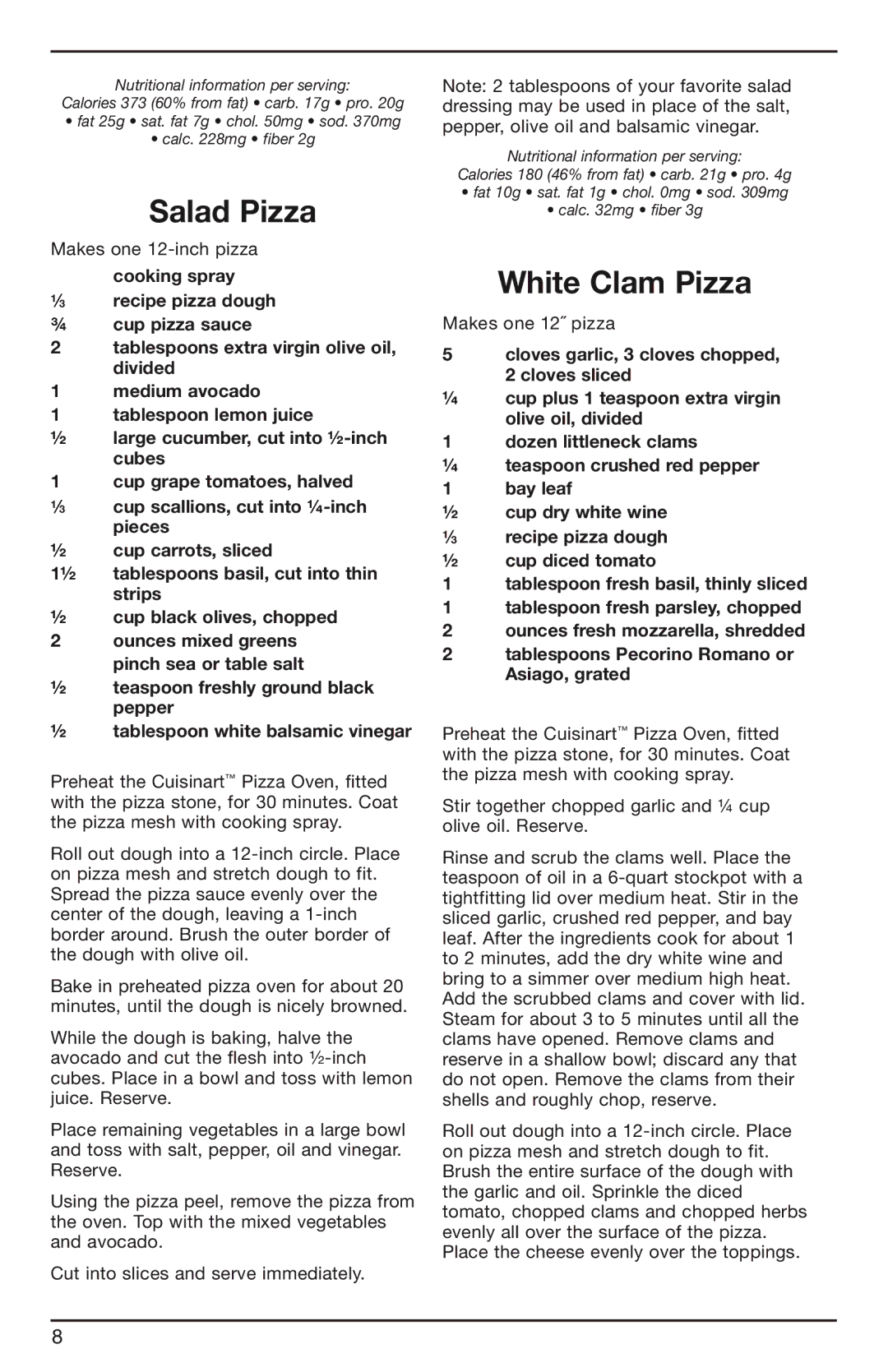 Cuisinart PIZ-100 manual Salad Pizza, White Clam Pizza 