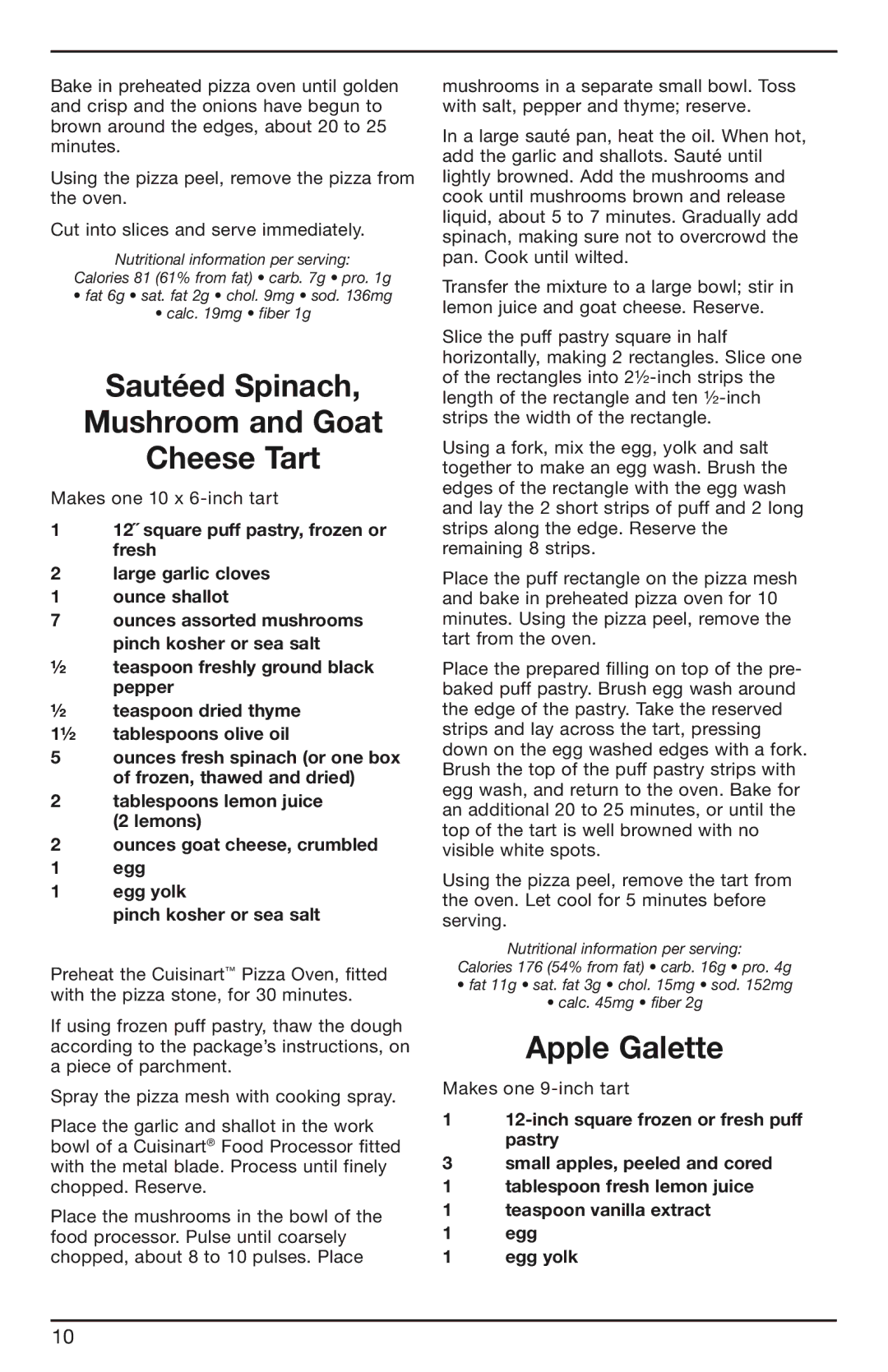 Cuisinart PIZ-100 manual Sautéed Spinach Mushroom and Goat Cheese Tart, Apple Galette 