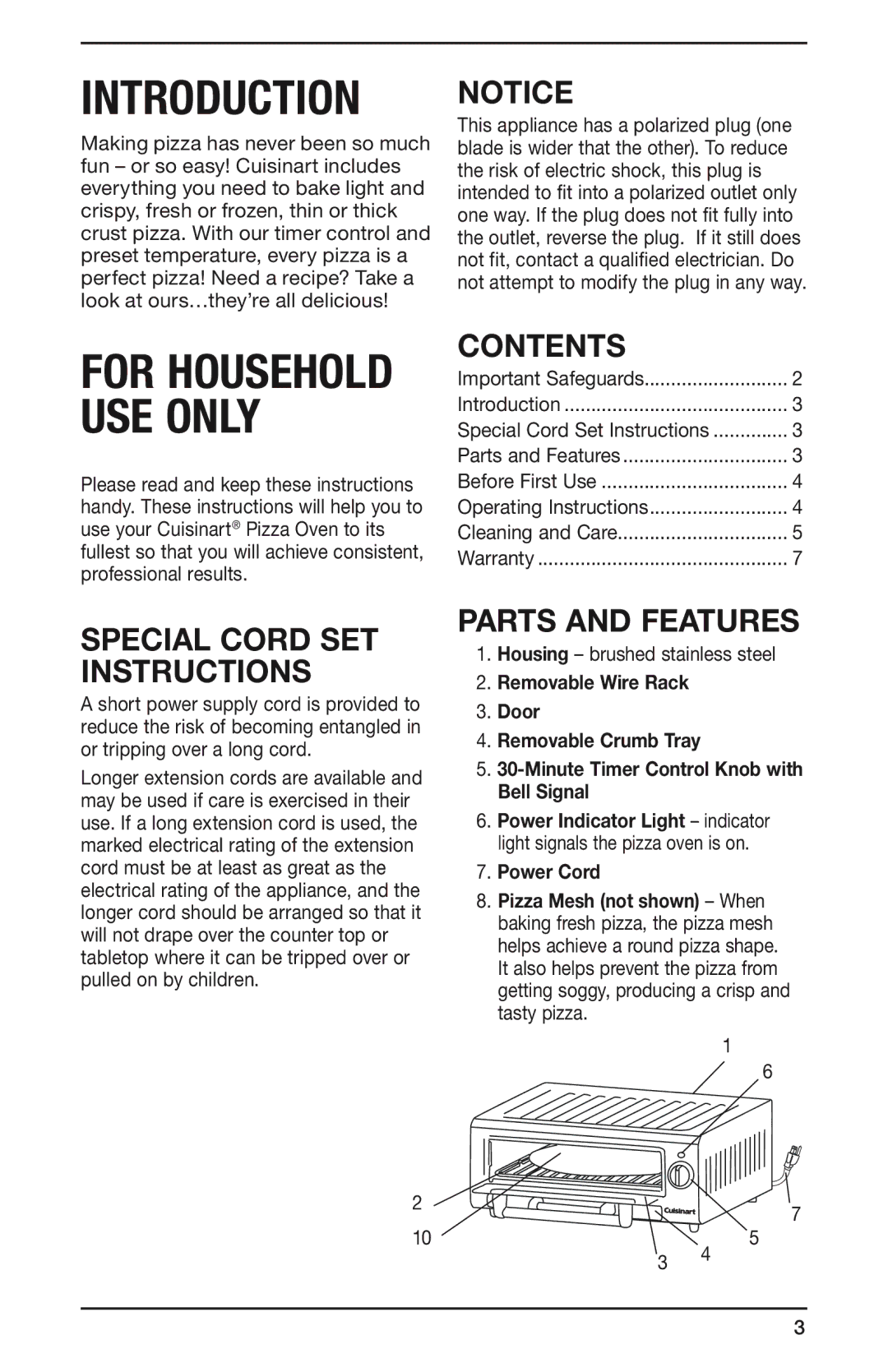 Cuisinart PIZ-100 manual Introduction, For Household USE only 