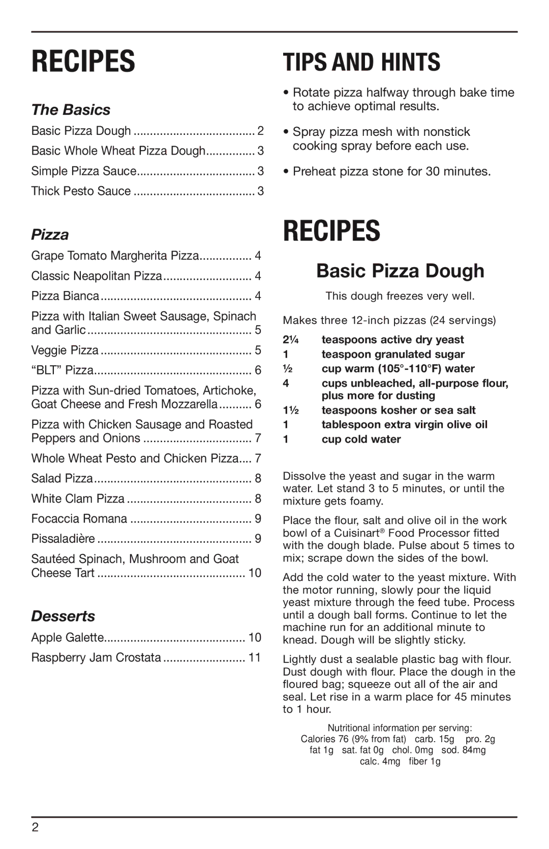 Cuisinart PIZ-100 manual Recipes, Basic Pizza Dough 