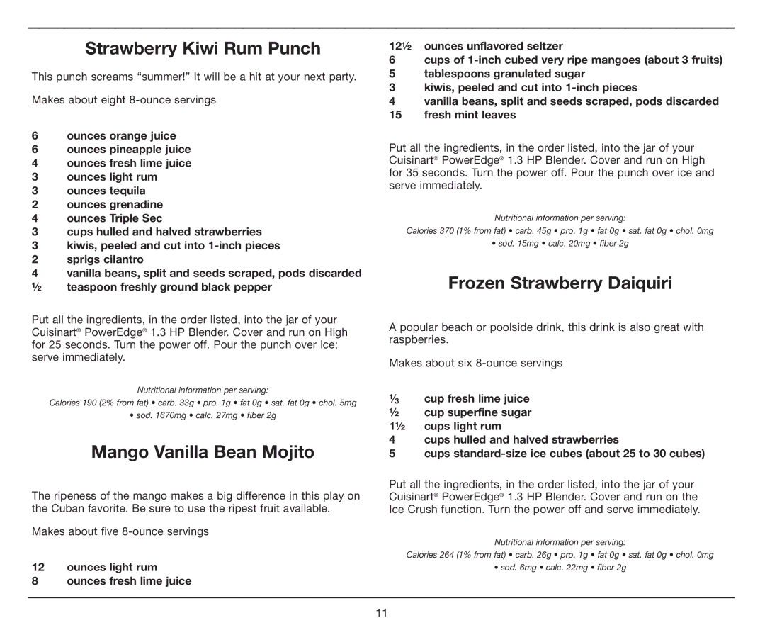 Cuisinart PowerEdge 1.3 HP Blender with BPA-Free Jar, CBT-1000 manual Strawberry Kiwi Rum Punch, Mango Vanilla Bean Mojito 