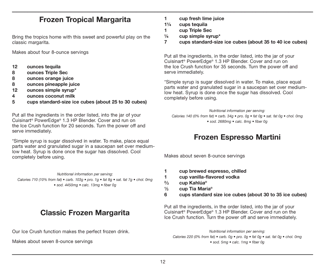 Cuisinart CBT-1000 manual Frozen Tropical Margarita, Classic Frozen Margarita, Frozen Espresso Martini 