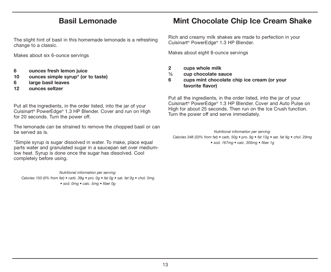 Cuisinart PowerEdge 1.3 HP Blender with BPA-Free Jar, CBT-1000 manual Basil Lemonade, Mint Chocolate Chip Ice Cream Shake 