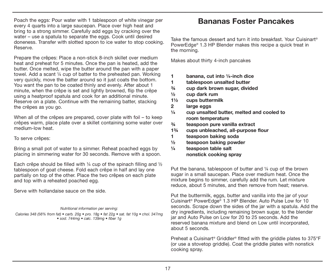 Cuisinart PowerEdge 1.3 HP Blender with BPA-Free Jar, CBT-1000 manual Bananas Foster Pancakes 