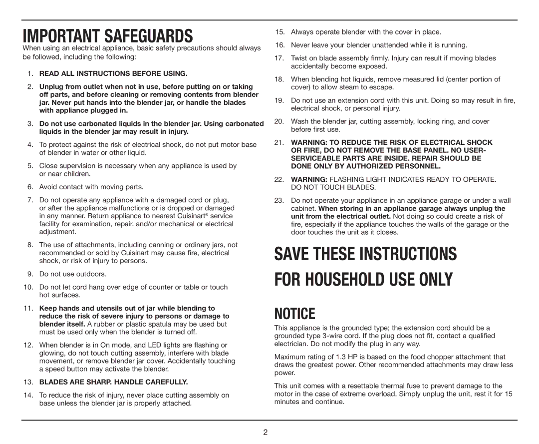 Cuisinart CBT-1000, PowerEdge 1.3 HP Blender with BPA-Free Jar manual Important Safeguards 