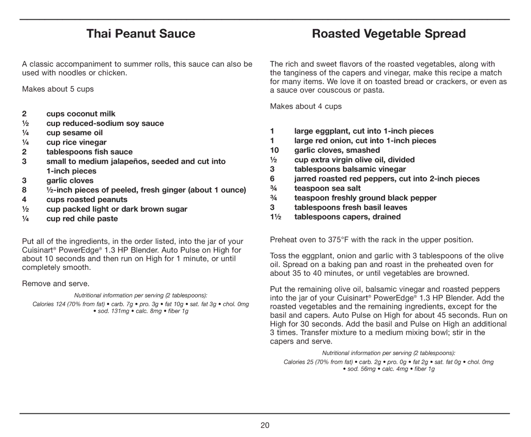 Cuisinart CBT-1000, PowerEdge 1.3 HP Blender with BPA-Free Jar manual Thai Peanut Sauce, Roasted Vegetable Spread 