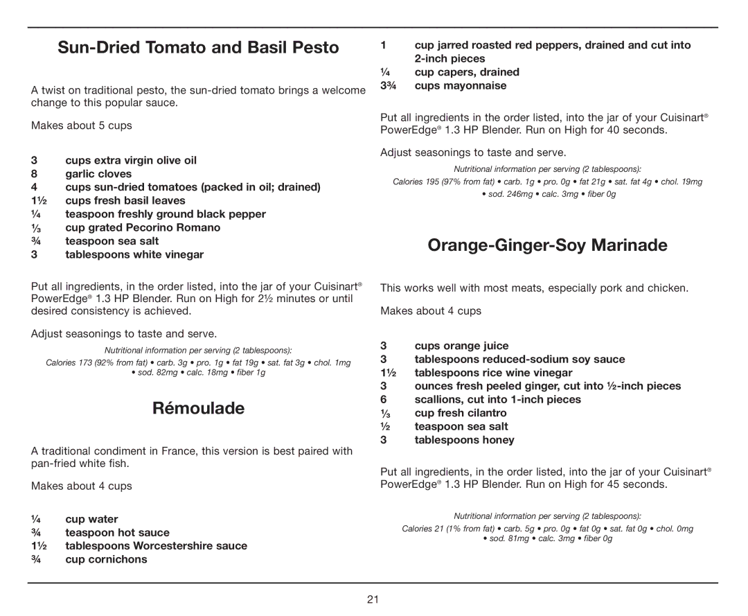 Cuisinart PowerEdge 1.3 HP Blender with BPA-Free Jar, CBT-1000 manual Sun-Dried Tomato and Basil Pesto, Rémoulade 