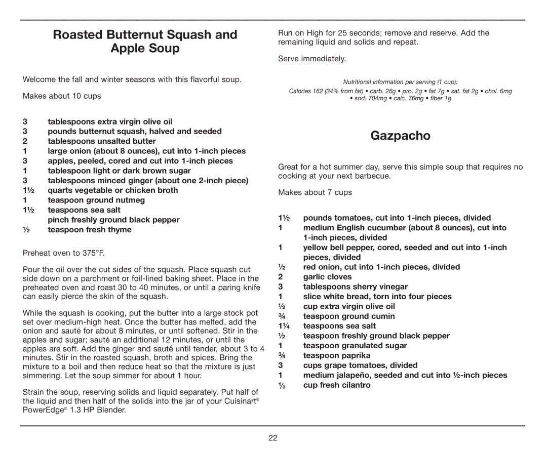Cuisinart CBT-1000, PowerEdge 1.3 HP Blender with BPA-Free Jar manual Roasted Butternut Squash Apple Soup, Gazpacho 