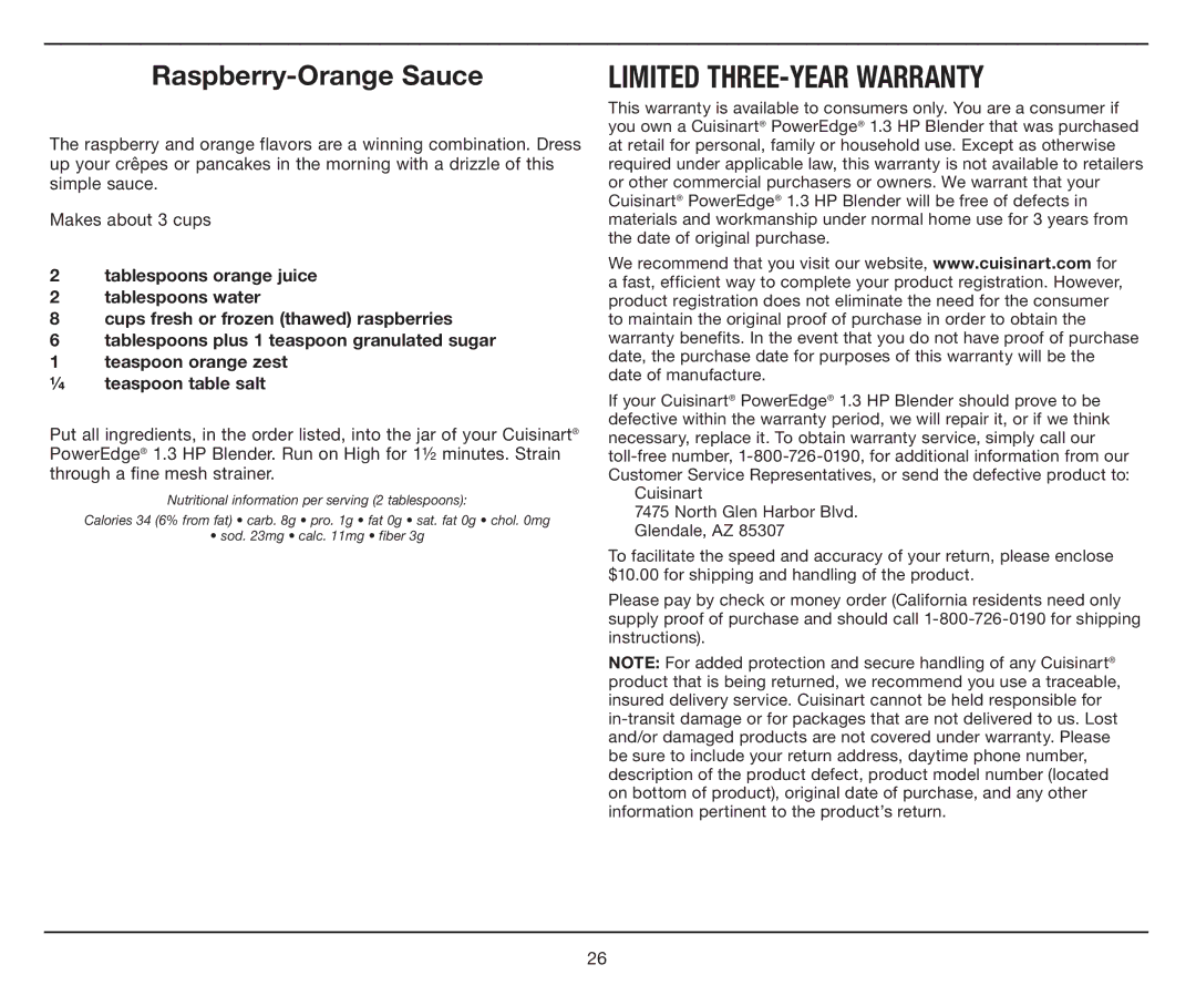 Cuisinart CBT-1000, PowerEdge 1.3 HP Blender with BPA-Free Jar manual Limited THREE-YEAR Warranty, Raspberry-Orange Sauce 
