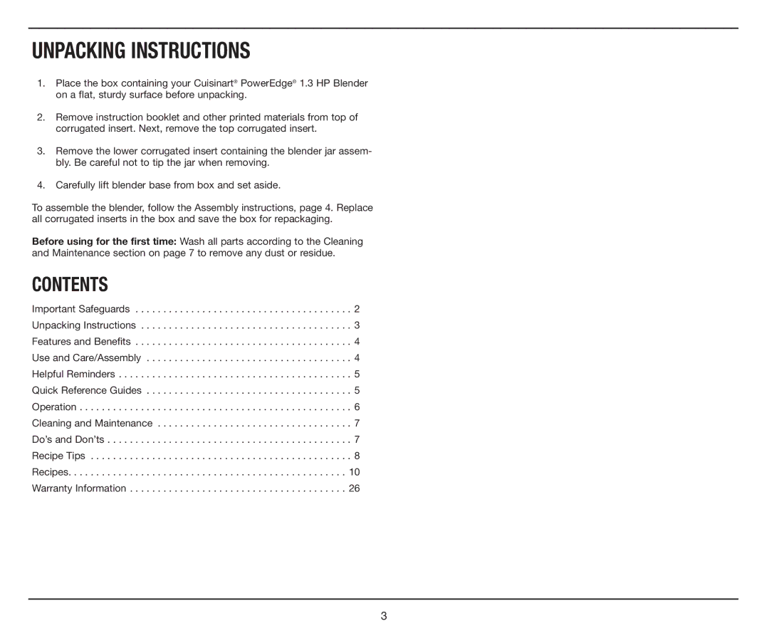 Cuisinart PowerEdge 1.3 HP Blender with BPA-Free Jar, CBT-1000 manual Unpacking Instructions, Contents 