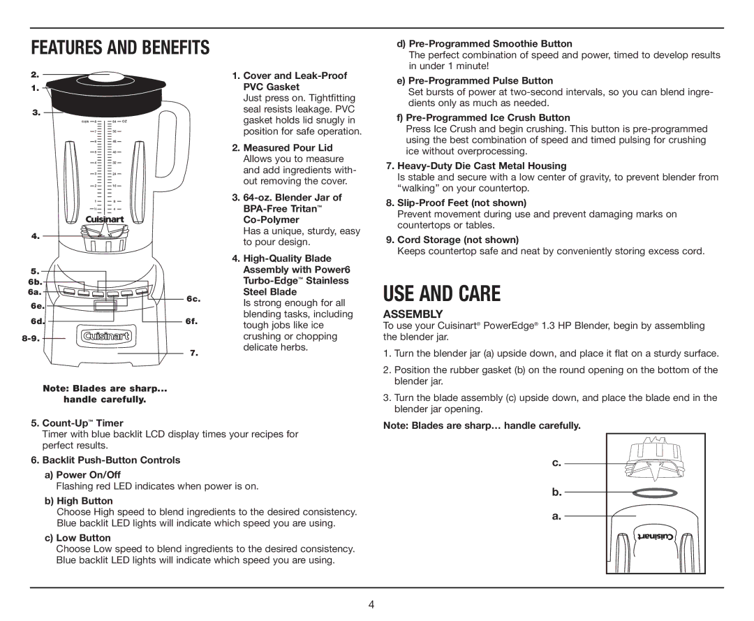 Cuisinart CBT-1000, PowerEdge 1.3 HP Blender with BPA-Free Jar manual USE and Care 