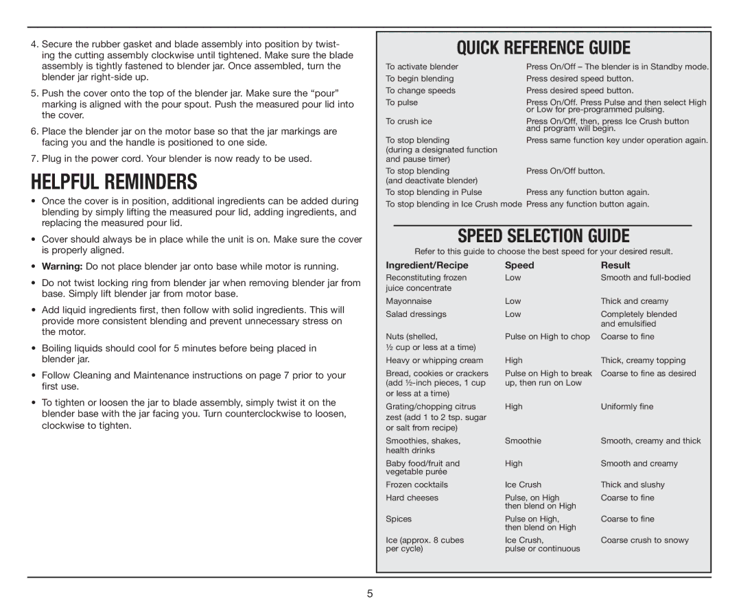 Cuisinart PowerEdge 1.3 HP Blender with BPA-Free Jar, CBT-1000 manual Quick Reference Guide, Speed Selection Guide 