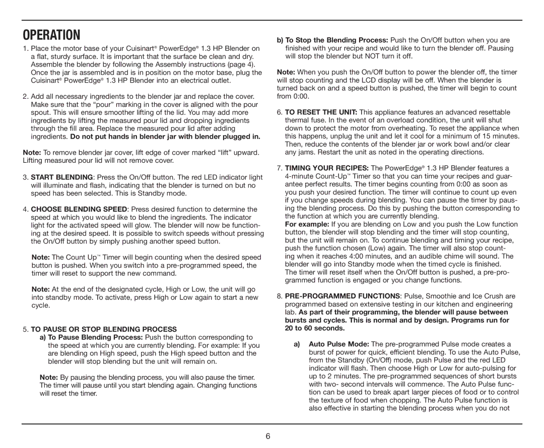 Cuisinart CBT-1000, PowerEdge 1.3 HP Blender with BPA-Free Jar manual Operation, To Pause or Stop Blending Process 
