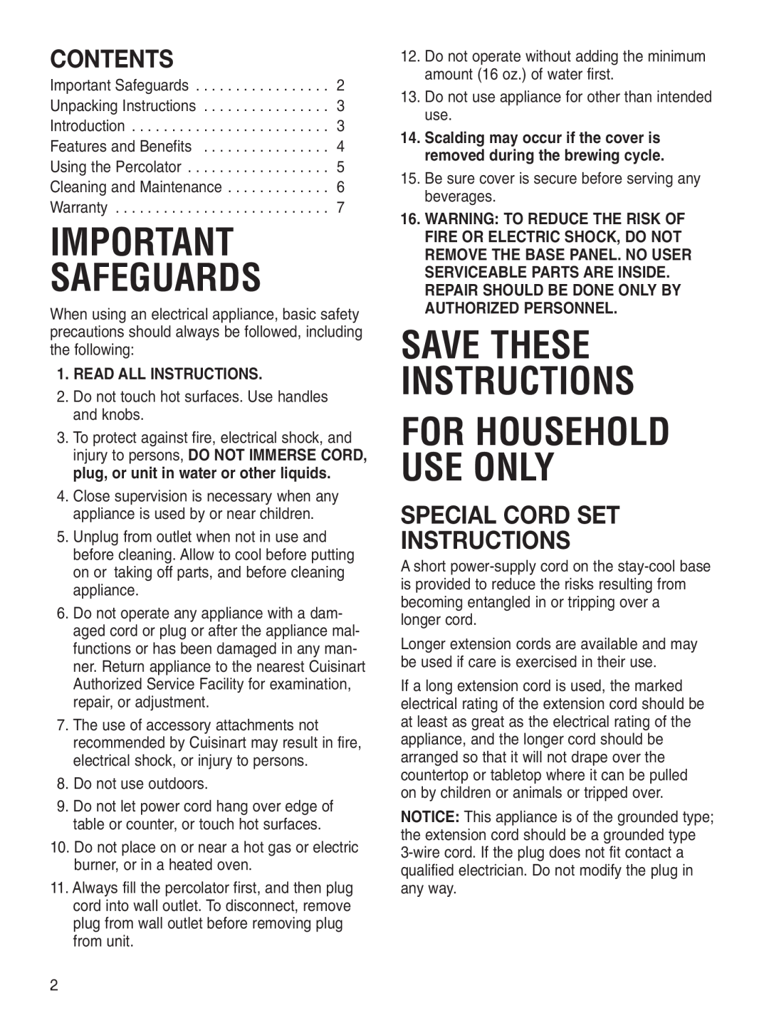 Cuisinart PRC-12 Series manual Save These Instructions, Contents, Special Cord Set Instructions, Safeguards 