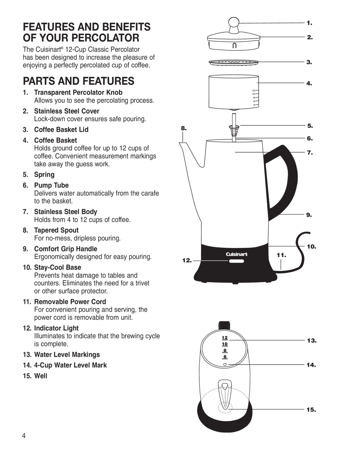 Cuisinart PRC-12 Series manual Parts And Features, Features And Benefits Of Your Percolator, Transparent Percolator Knob 