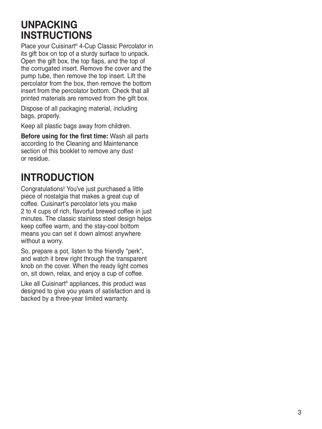 Cuisinart PRC-4 manual Unpacking Instructions, Introduction 