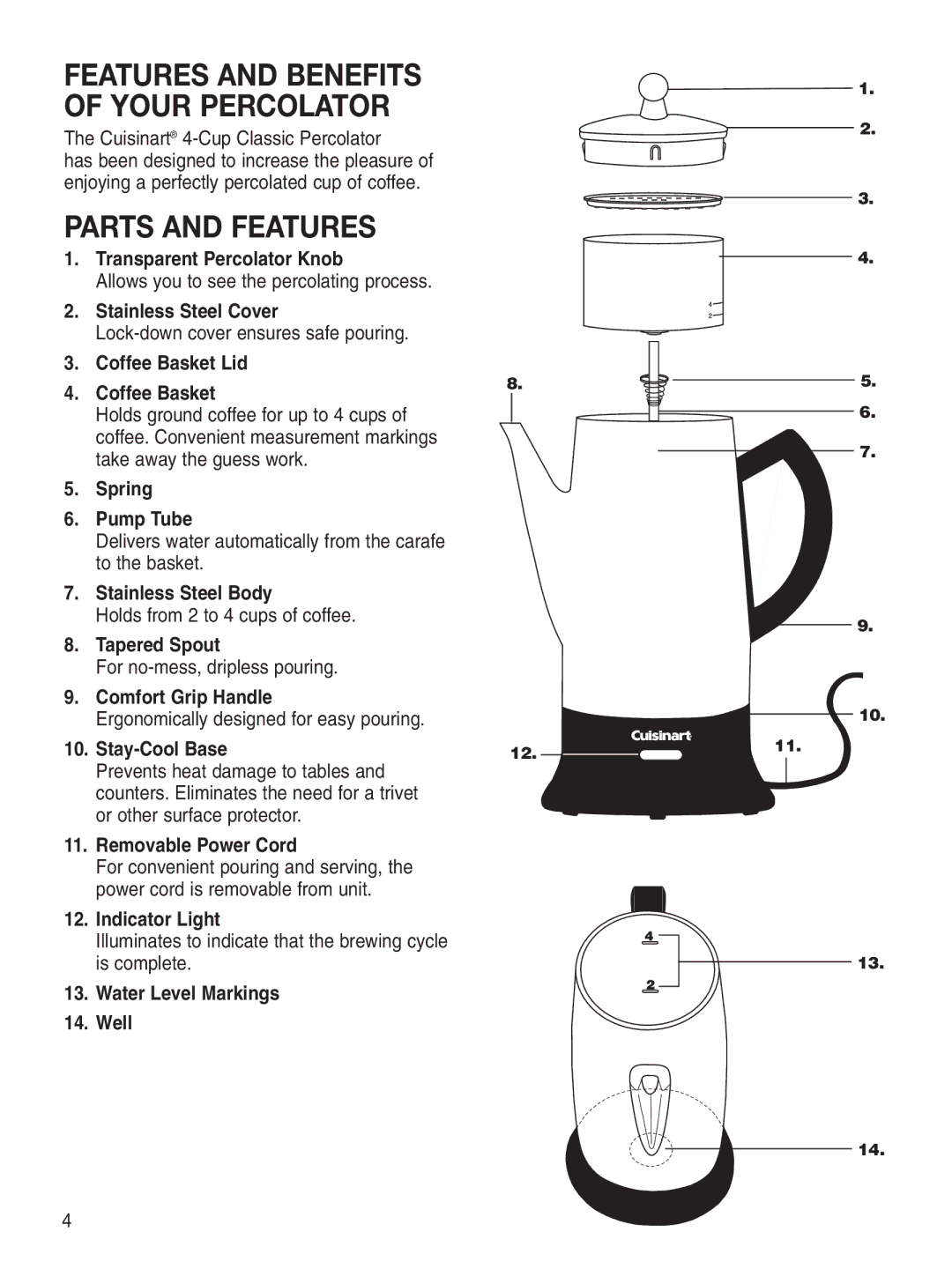 Cuisinart PRC-4 manual Parts and Features 