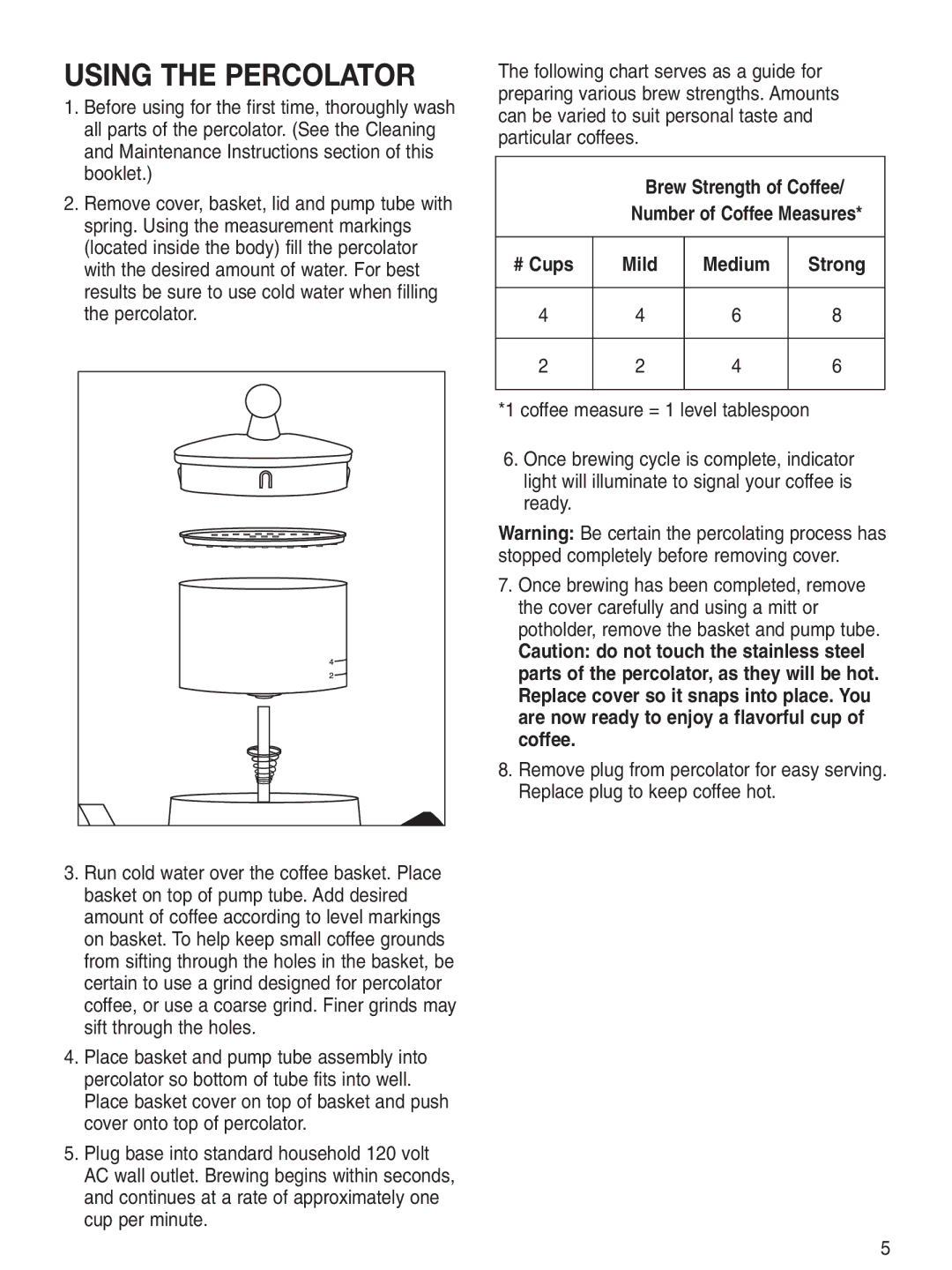 Cuisinart PRC-4 manual Using the Percolator, Brew Strength of Coffee 