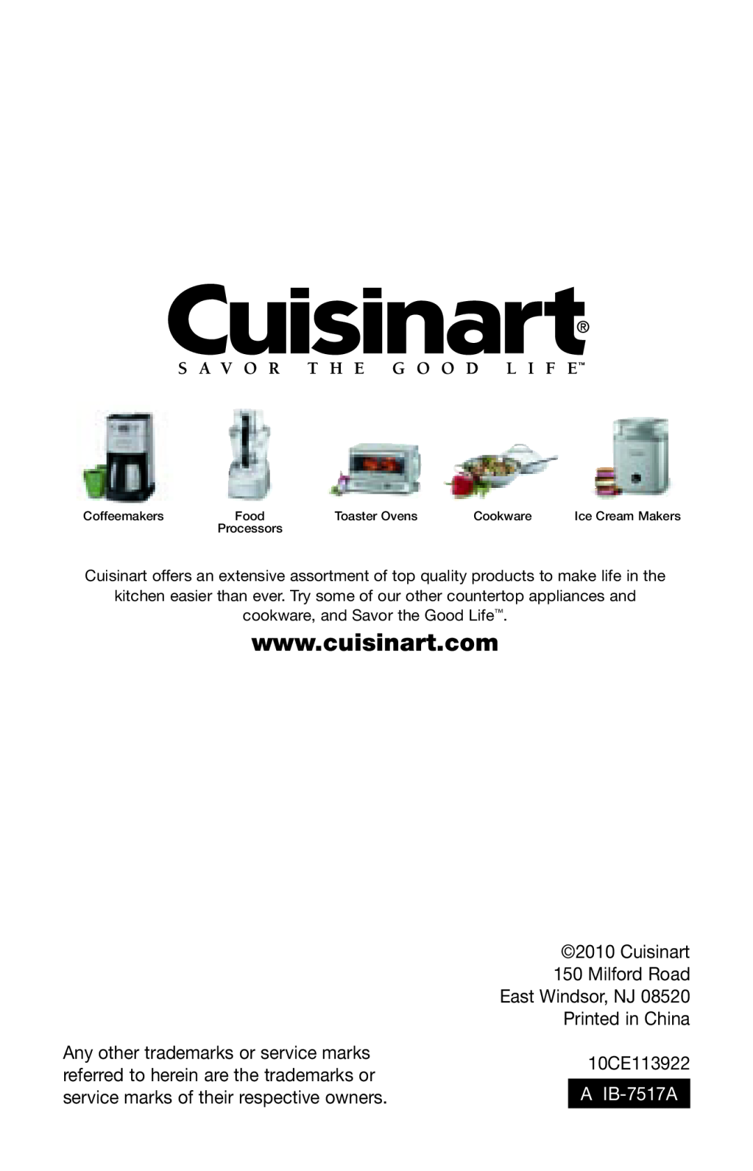 Cuisinart PSC-350 manual Cuisinart 150 Milford Road East Windsor, NJ, Printed in China 10CE113922, A IB-7517A 