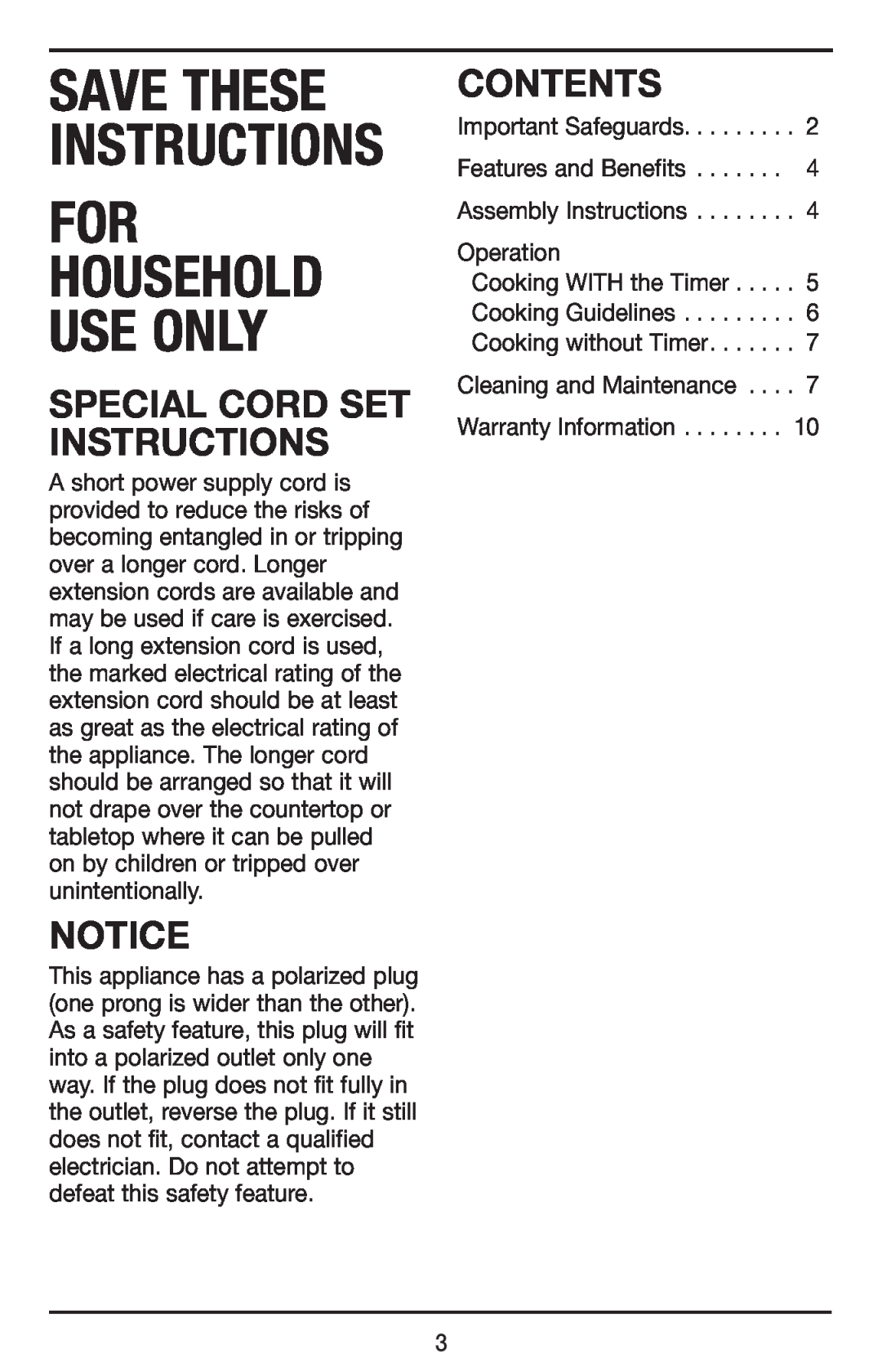 Cuisinart PSC-350 manual Save These Instructions, Notice, Contents, For Household Use Only, Special Cord Set Instructions 