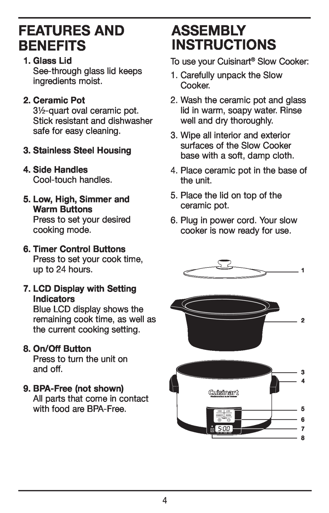 Cuisinart PSC-350 manual FEATURES AND Benefits, Assembly Instructions, Glass Lid, Ceramic Pot, Stainless Steel Housing 