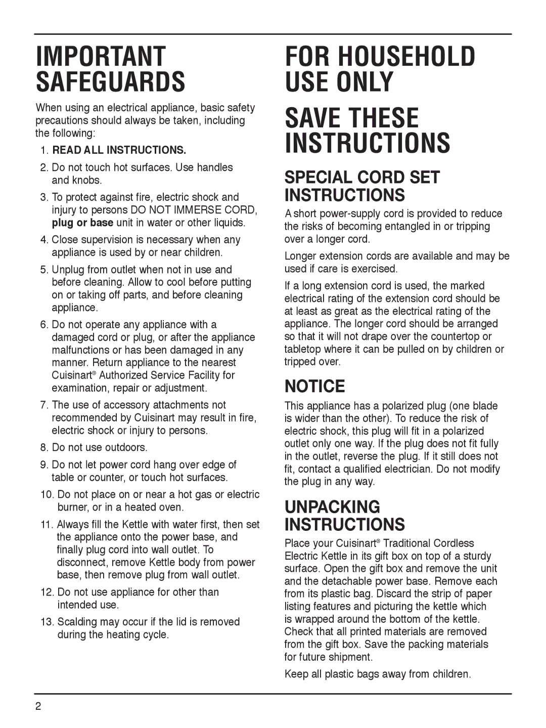 Cuisinart RK-17 Special Cord SET Instructions, Unpacking Instructions, Do not touch hot surfaces. Use handles and knobs 