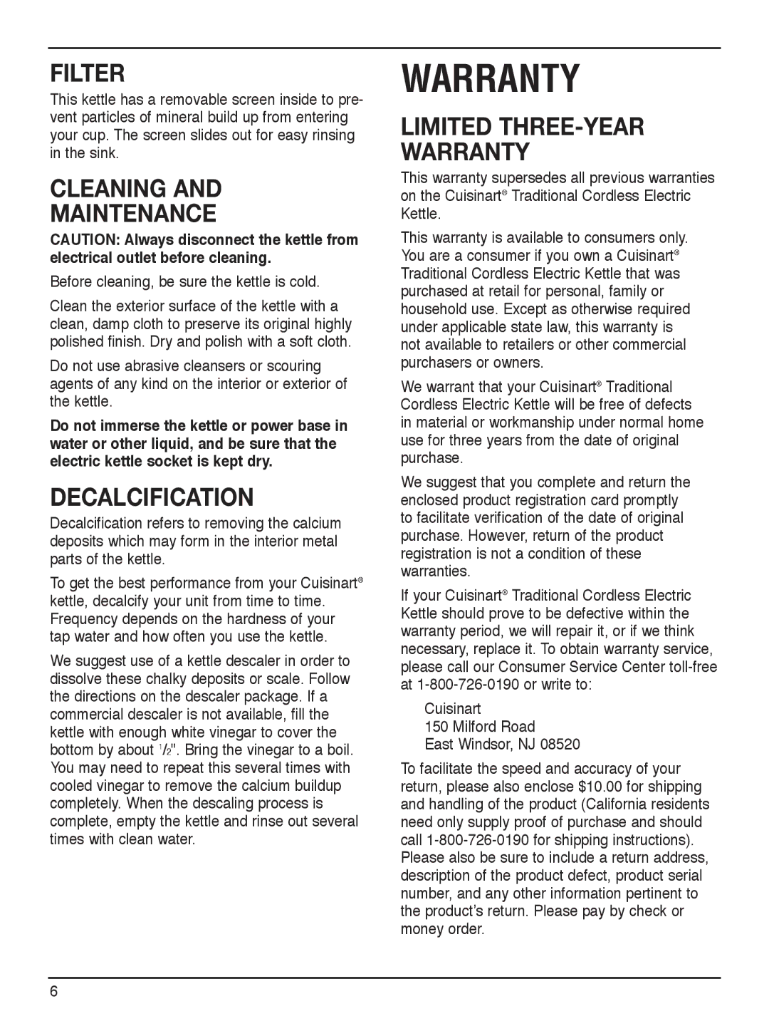 Cuisinart RK-17 manual Filter, Cleaning Maintenance, Decalcification, Before cleaning, be sure the kettle is cold 