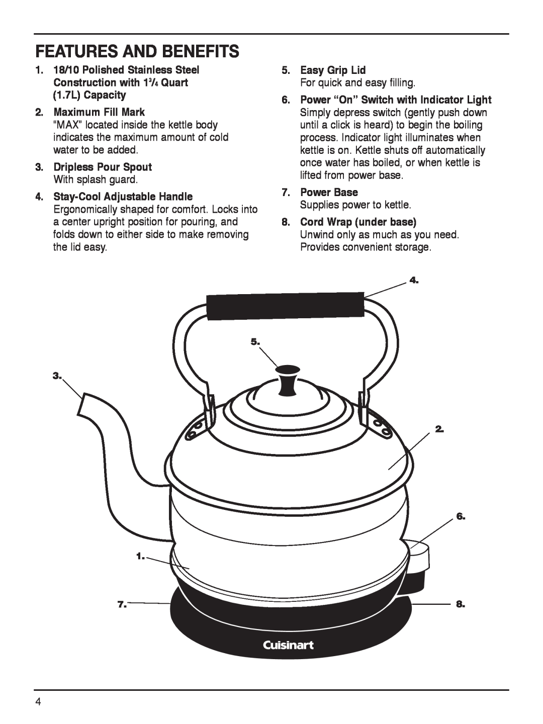 Cuisinart RK-17 manual Features And Benefits, Maximum Fill Mark, Easy Grip Lid, Power Base, Cord Wrap under base 
