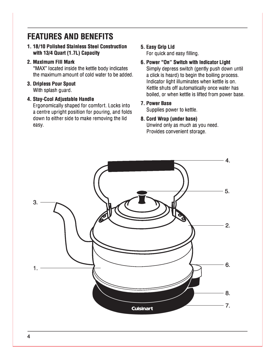 Cuisinart RK-17C manual Features And Benefits, Maximum Fill Mark, Stay-Cool Adjustable Handle, Easy Grip Lid, Power Base 