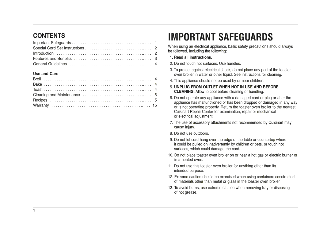 Cuisinart RTO-20C manual Important Safeguards, Contents 