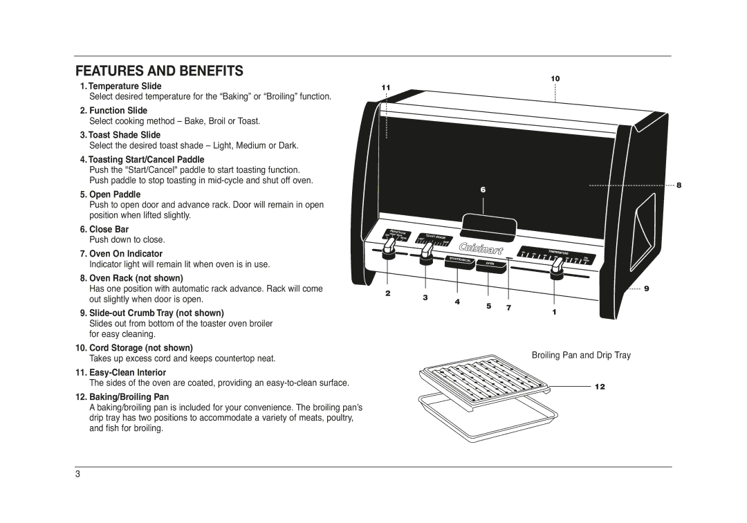 Cuisinart RTO-20C manual Features and Benefits, Broiling Pan and Drip Tray 