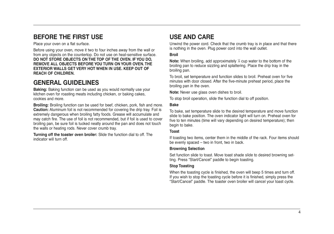 Cuisinart RTO-20C manual Before the First USE, General Guidelines, USE and Care, Place your oven on a flat surface 