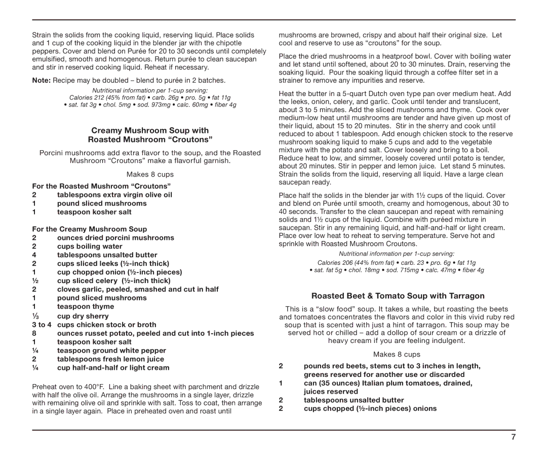 Cuisinart SB-5600 manual Creamy Mushroom Soup with Roasted Mushroom Croutons, Roasted Beet & Tomato Soup with Tarragon 