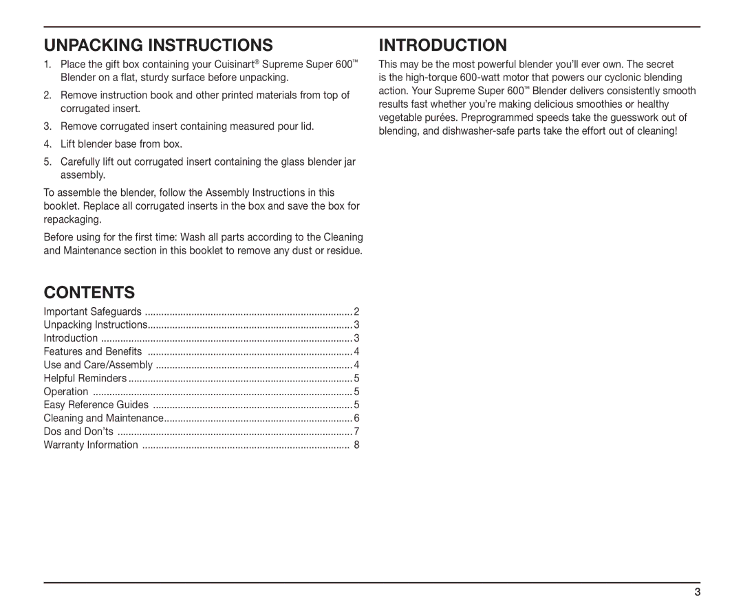 Cuisinart SB-5600 manual Unpacking Instructions, Contents, Introduction 