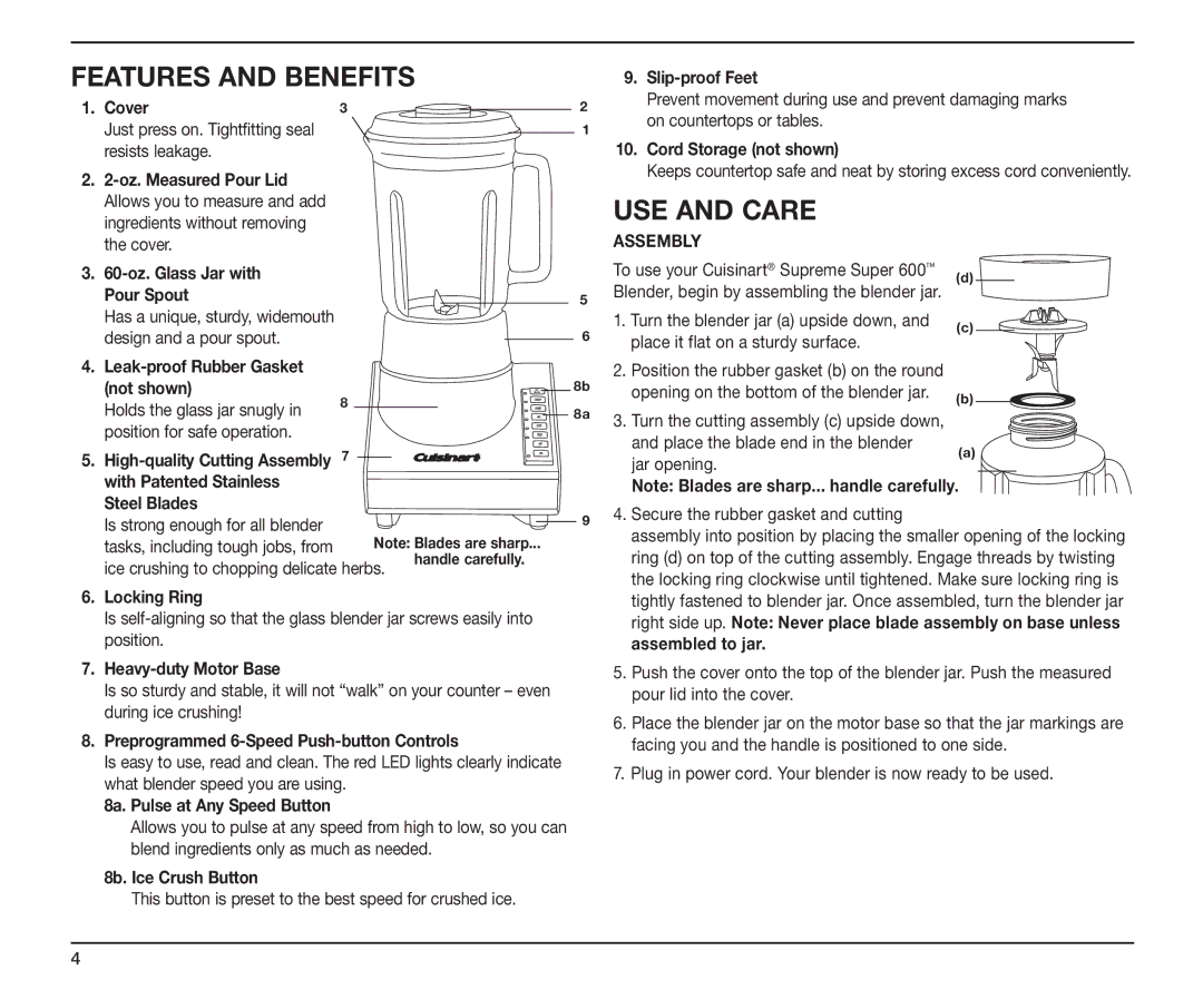 Cuisinart SB-5600 manual Features and Benefits, USE and Care 